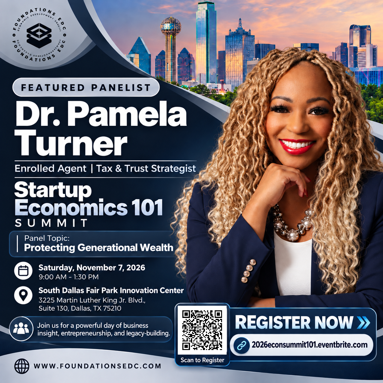 Startup Economics 101 Summit flyer featuring Dr. Pamela Turner, event details, and the original registration QR code